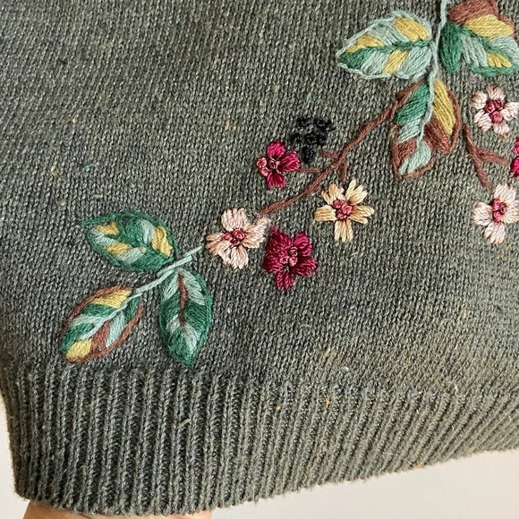 Vintage Tiara Green/Gray Floral Embroidered Cotton/Ramie Cardigan PL - Picture 10 of 14